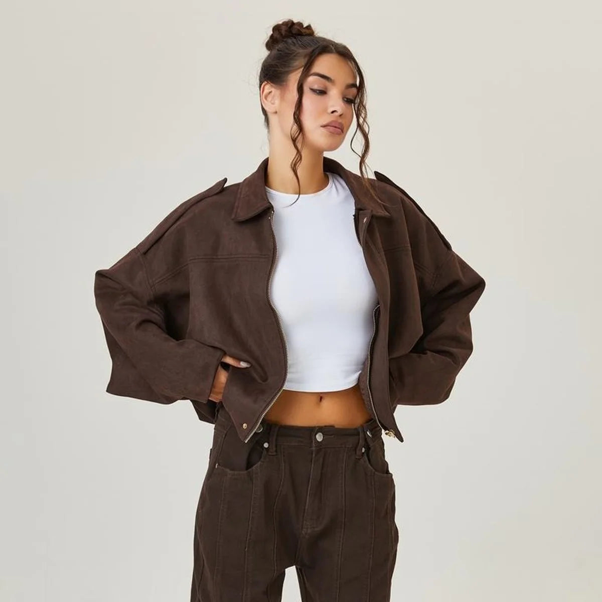 Brown Women's Faux Suede Bomber Jacket with Oversized Fit & Drop-Shoulder Sleeves