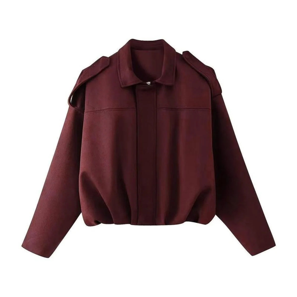 Burgundy Women's Faux Suede Bomber Jacket with Oversized Fit & Drop-Shoulder Sleeves