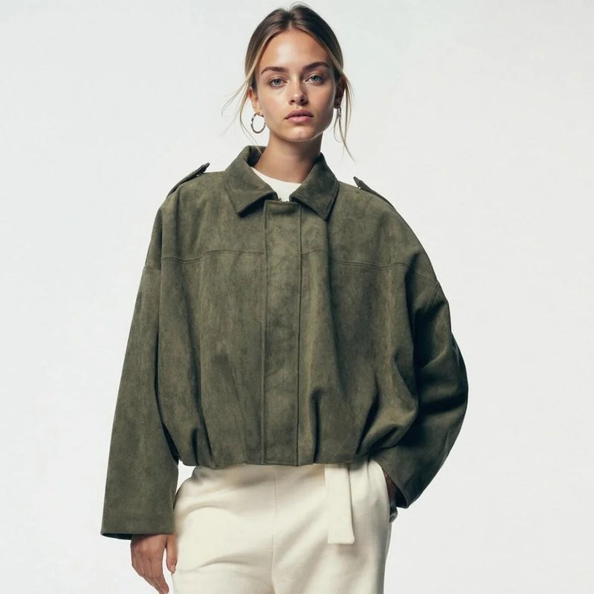 Olive Women's Faux Suede Bomber Jacket with Oversized Fit & Drop-Shoulder Sleeves