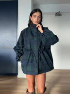 Dark Green Women's Plaid Jacket with Hooded Design & Adjustable Drawstring Waist - Front Close Pose