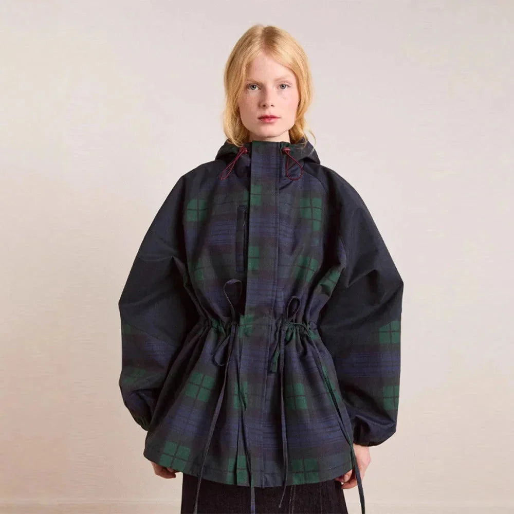 Dark Green Women's Plaid Jacket with Hooded Design & Adjustable Drawstring Waist - Front Full Studio