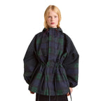 Dark Green Women's Plaid Jacket with Hooded Design & Adjustable Drawstring Waist - Front Full White Background