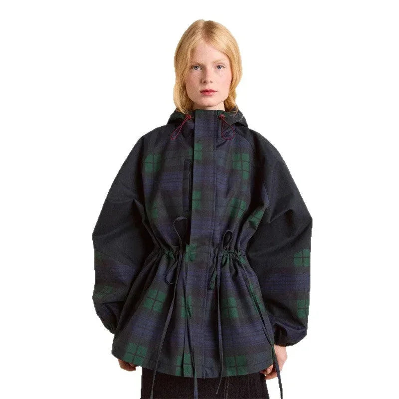Dark Green Women's Plaid Jacket with Hooded Design & Adjustable Drawstring Waist - Front Full White Background