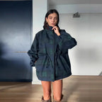 Dark Green Women's Plaid Jacket with Hooded Design & Adjustable Drawstring Waist - Front Pose Indoor