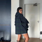 Dark Green Women's Plaid Jacket with Hooded Design & Adjustable Drawstring Waist - Back Side Pose