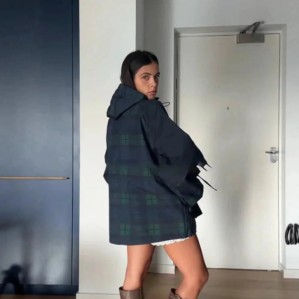 Dark Green Women's Plaid Jacket with Hooded Design & Adjustable Drawstring Waist - Back Side Pose