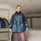 Dark Green Women's Plaid Jacket with Hooded Design & Adjustable Drawstring Waist - Front Worn Lifestyle