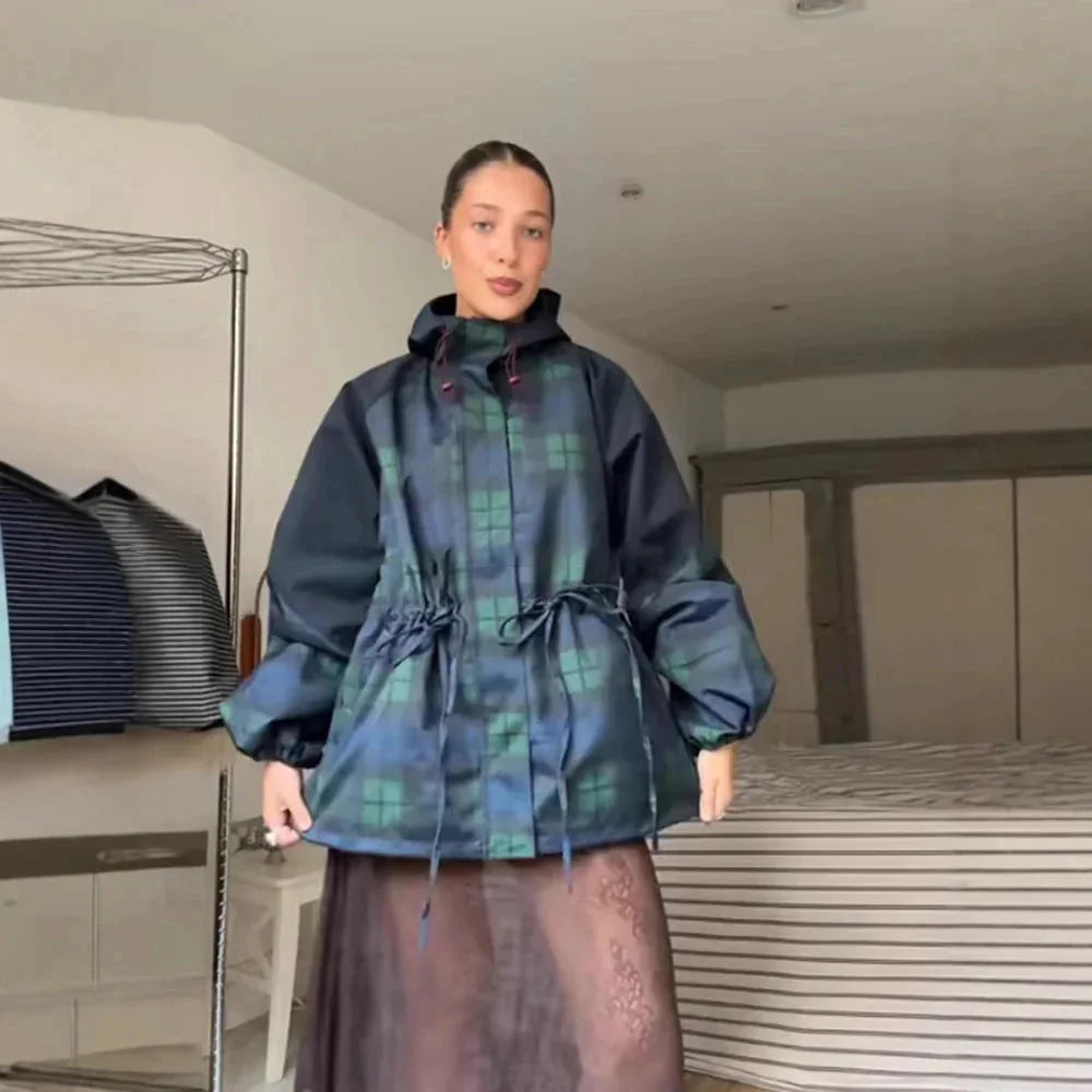 Dark Green Women's Plaid Jacket with Hooded Design & Adjustable Drawstring Waist - Front Worn Lifestyle