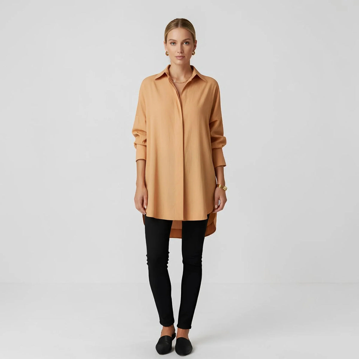 Camel Women's Long Sleeve Blouse in Flowing Rayon with Oversized Fit — Lilith
