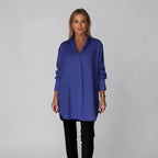 Dark Blue Women's Long Sleeve Blouse in Flowing Rayon with Oversized Fit — Lilith