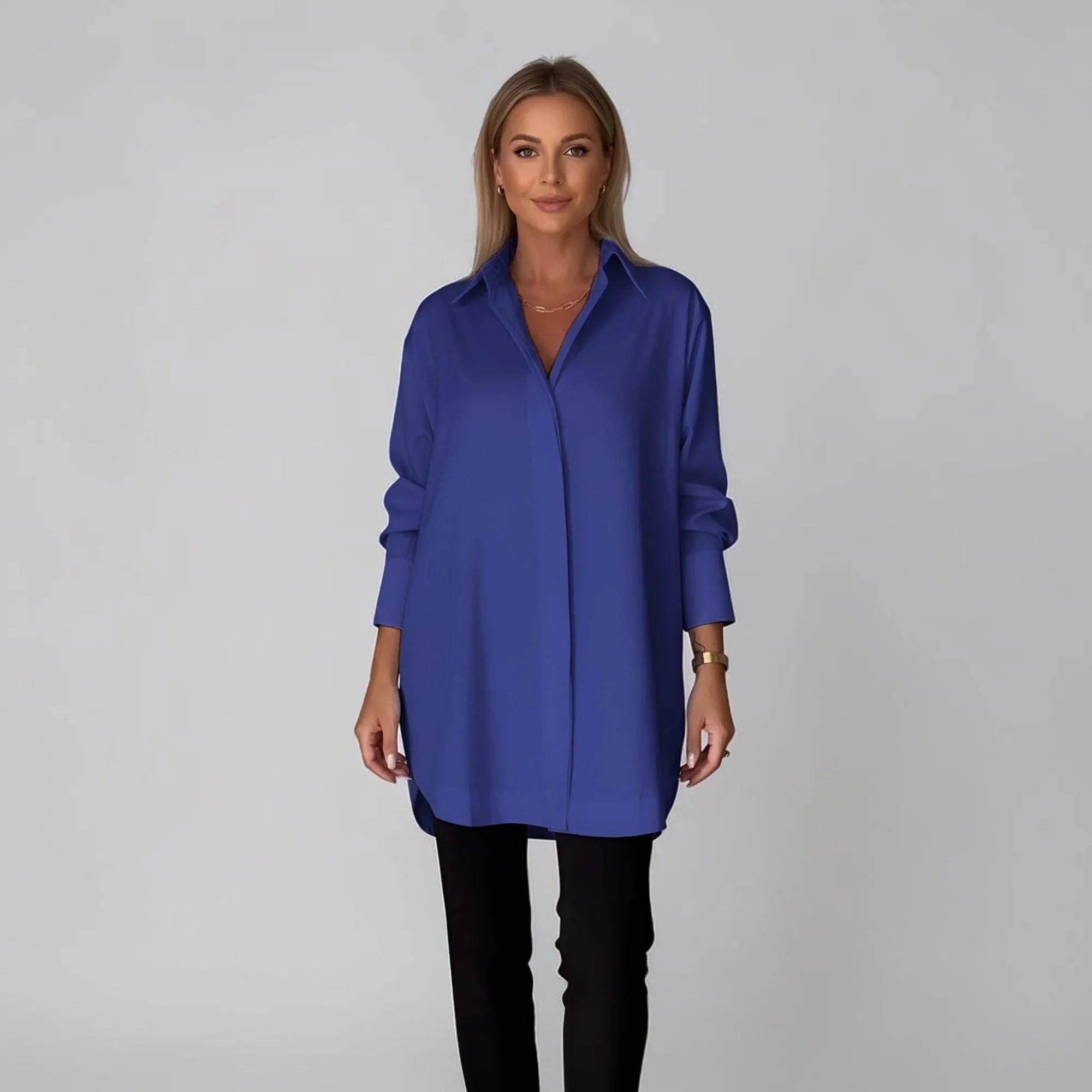Dark Blue Women's Long Sleeve Blouse in Flowing Rayon with Oversized Fit — Lilith