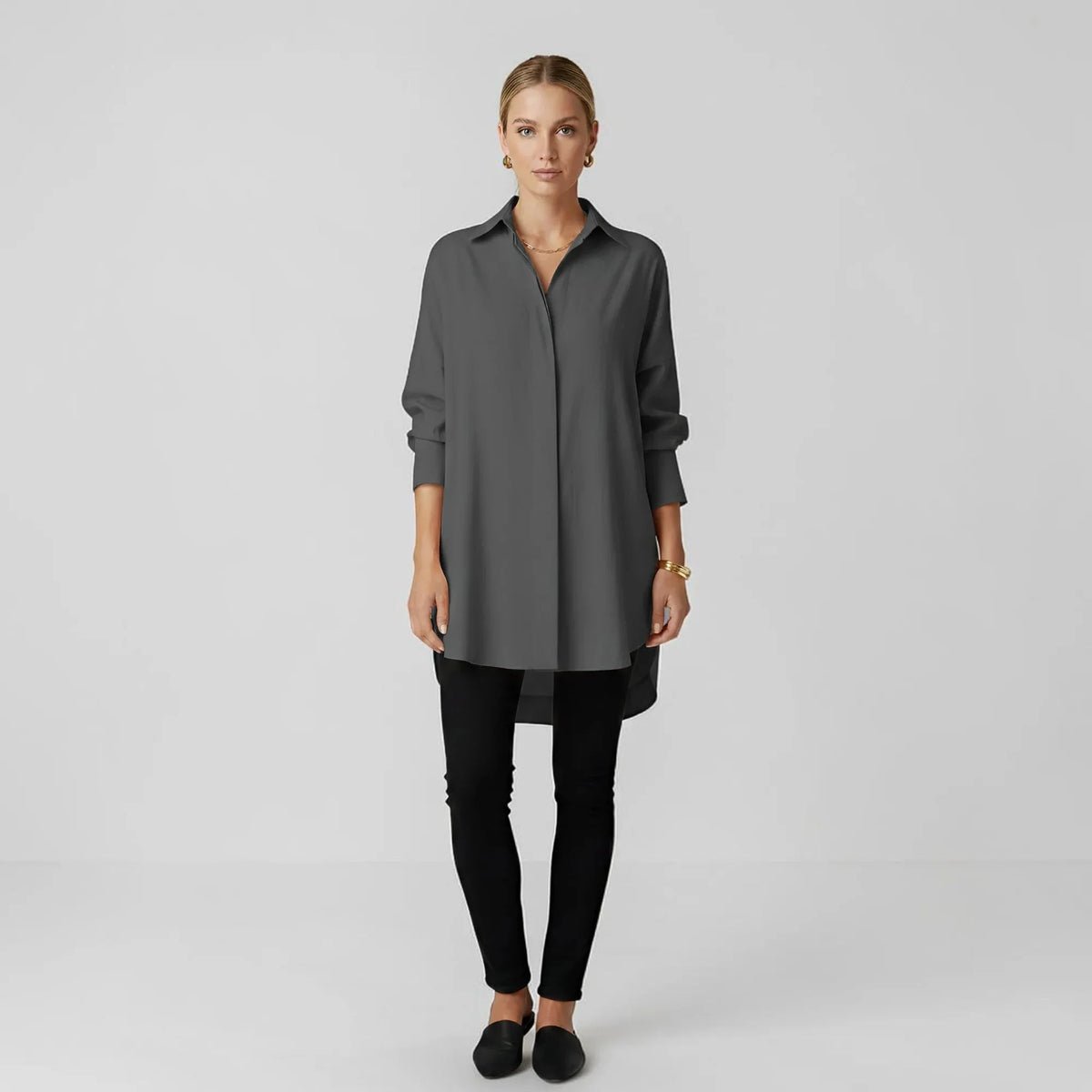 Dark Grey Women's Long Sleeve Blouse in Flowing Rayon with Oversized Fit — Lilith