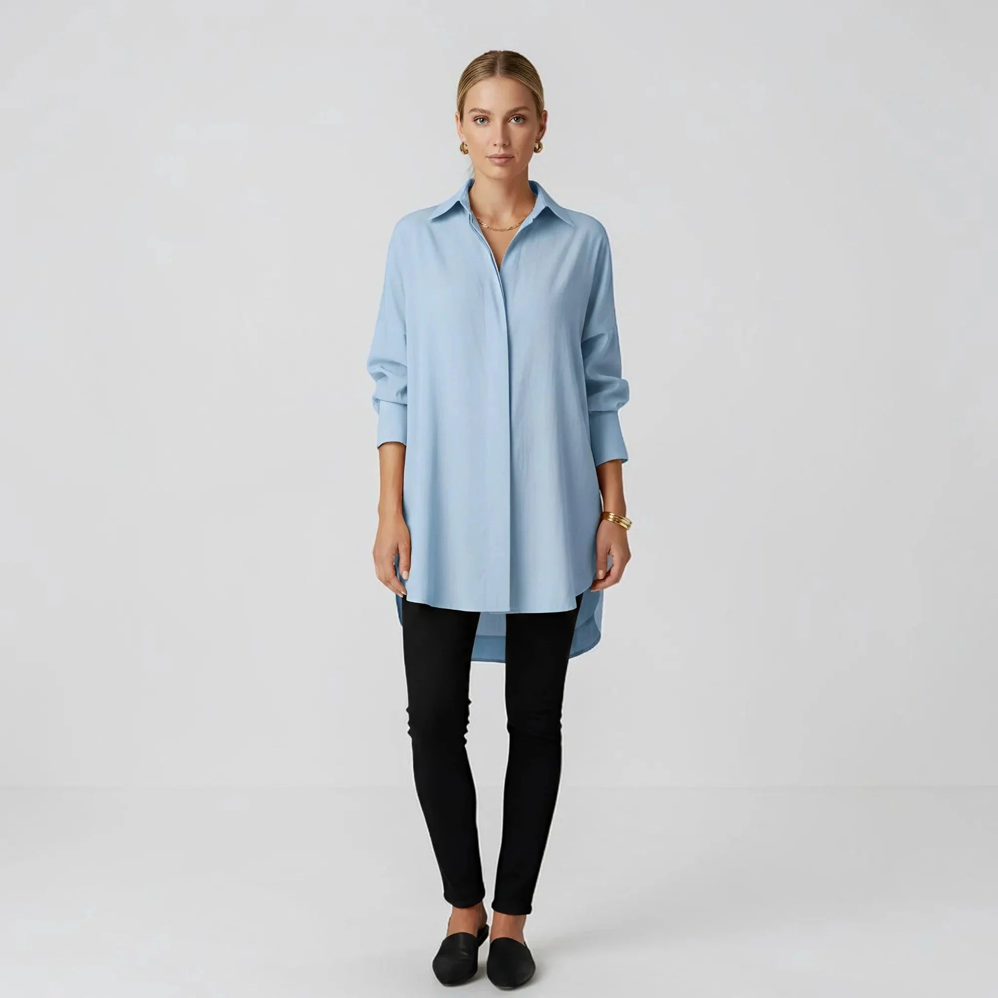 Light Blue Women's Long Sleeve Blouse in Flowing Rayon with Oversized Fit — Lilith