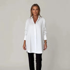 White Women's Long Sleeve Blouse in Flowing Rayon with Oversized Fit — Lilith
