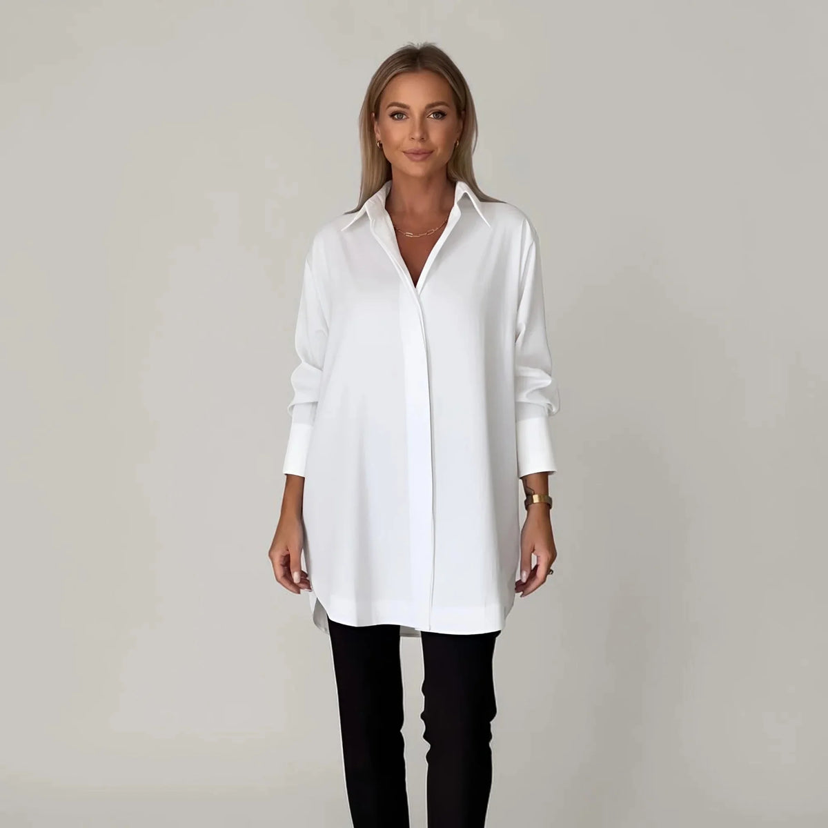 White Women's Long Sleeve Blouse in Flowing Rayon with Oversized Fit — Lilith