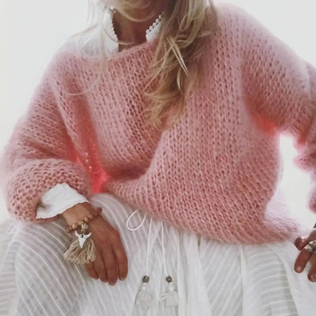 Light Pink Women's Oversized Sweater in Draped Mohair Blend Knit — Nellie - Close Up Texture
