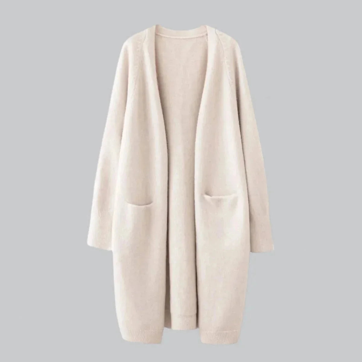 Beige Women's Cashmere Cardigan with Long Open Front & Draped Oversized Fit — Ivy - Flat Lay Front