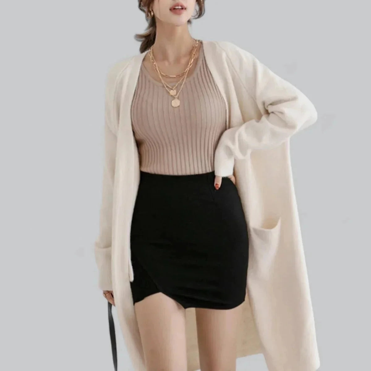 Beige Women's Cashmere Cardigan with Long Open Front & Draped Oversized Fit