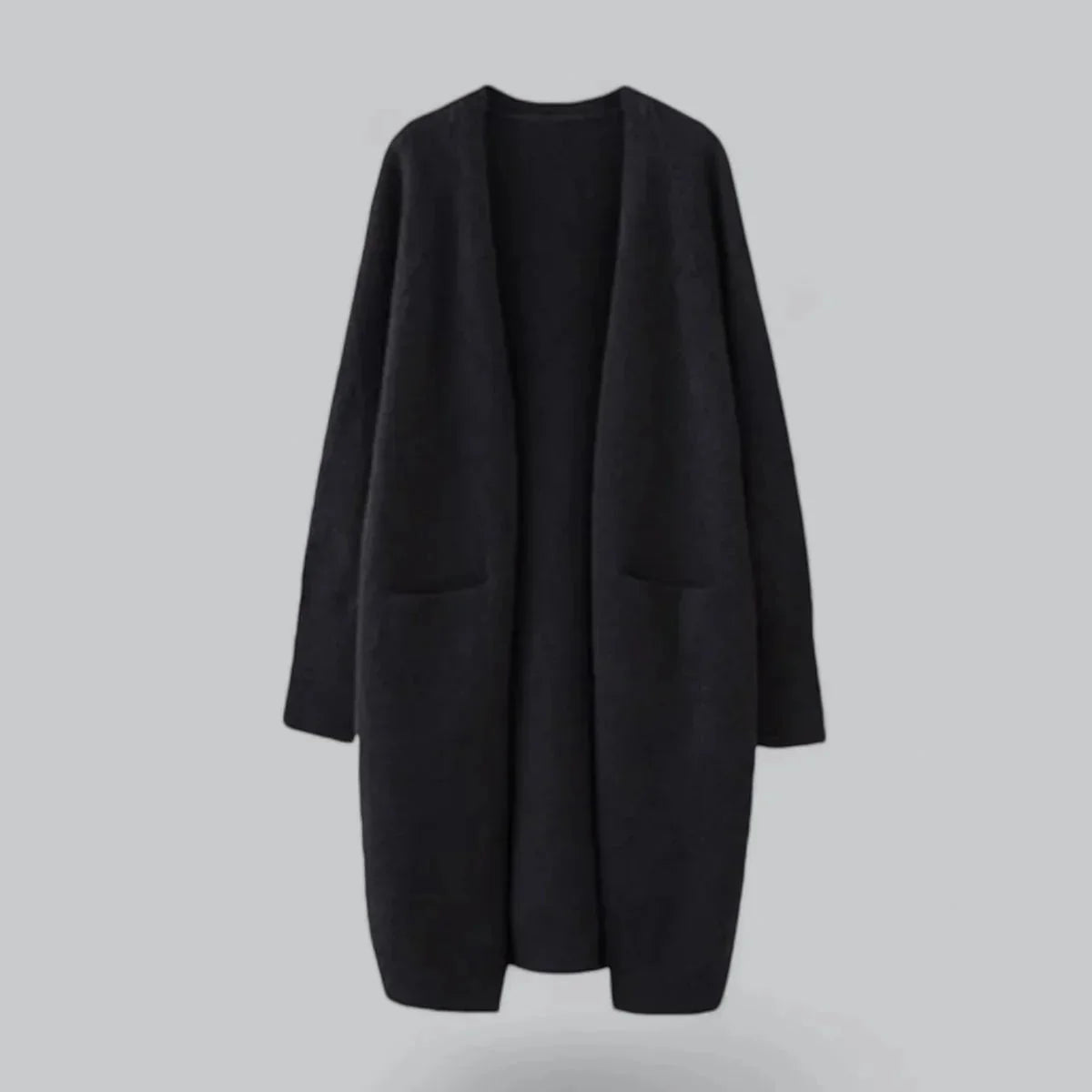 Black Women's Cashmere Cardigan with Long Open Front & Draped Oversized Fit — Ivy - Flat Lay