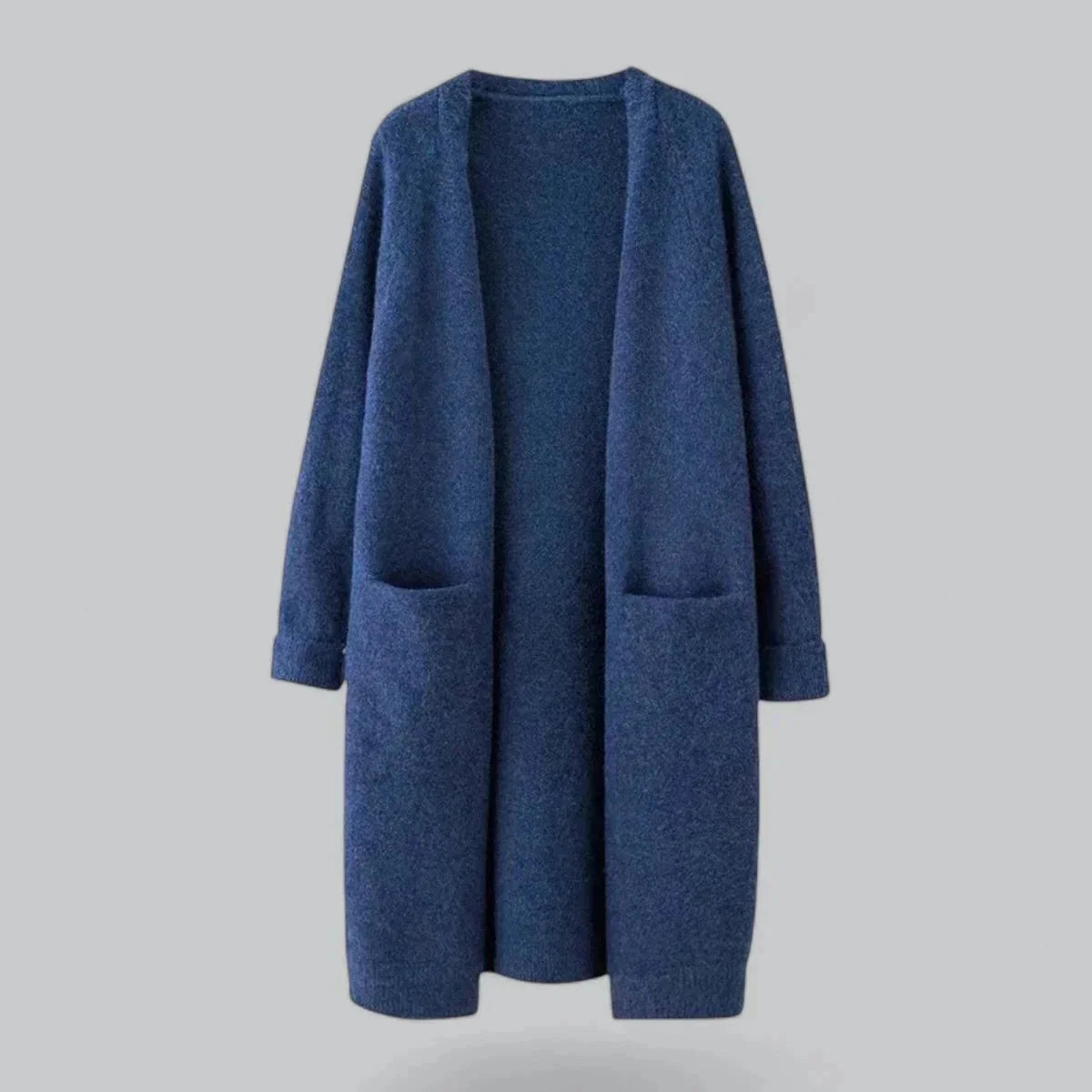 Blue Women's Cashmere Cardigan with Long Open Front & Draped Oversized Fit