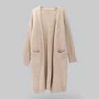 Khaki Women's Cashmere Cardigan with Long Open Front & Draped Oversized Fit