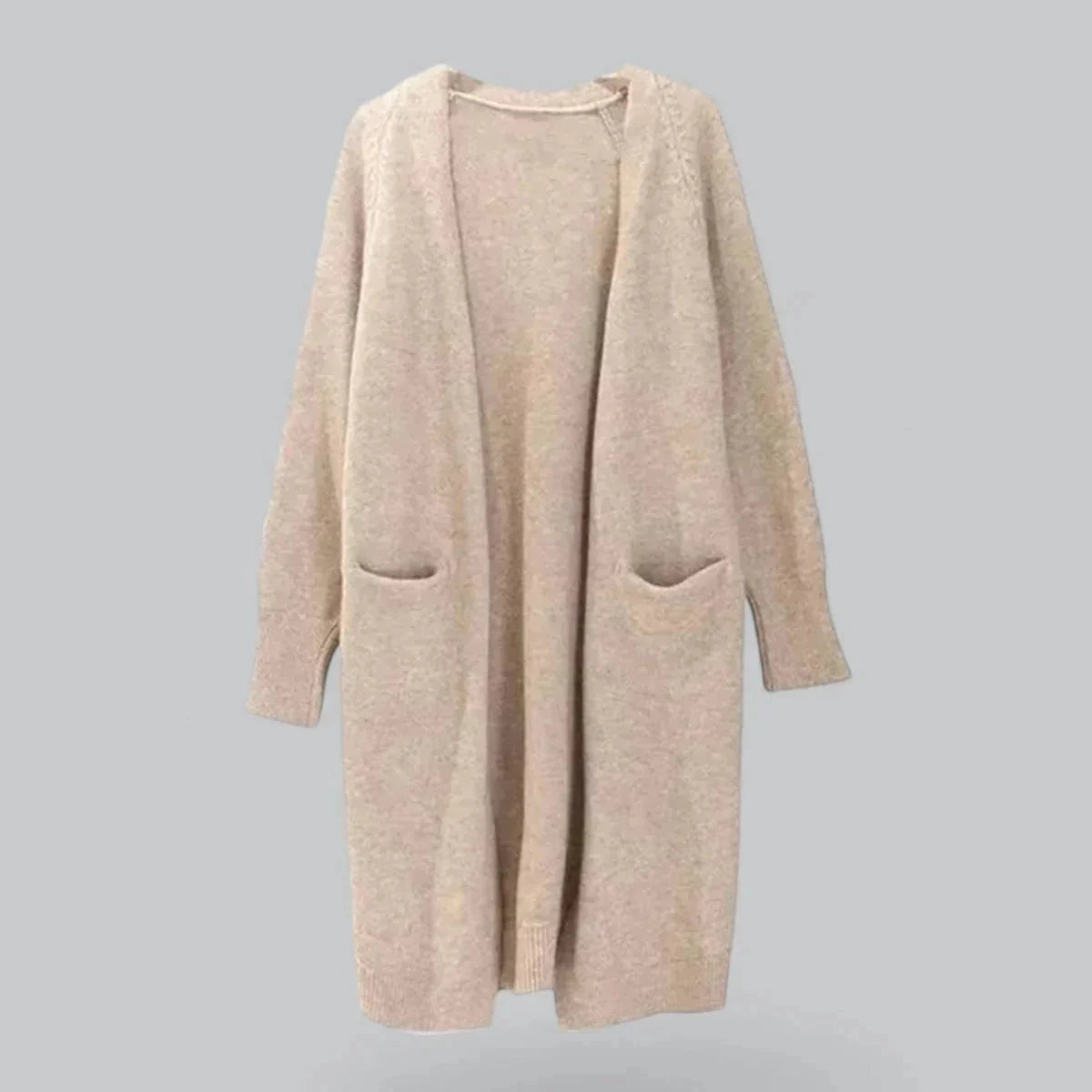 Khaki Women's Cashmere Cardigan with Long Open Front & Draped Oversized Fit