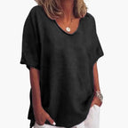 Black Women's Oversized V-Neck Short Sleeve Blouse with Curved Hem