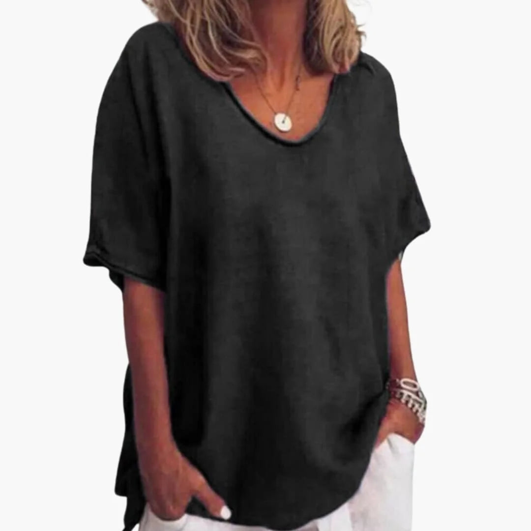 Black Women's Oversized V-Neck Short Sleeve Blouse with Curved Hem