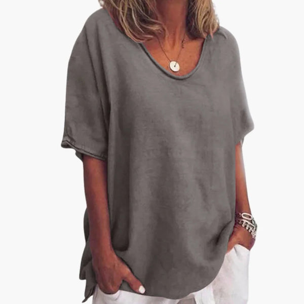 Dark Grey Women's Oversized V-Neck Short Sleeve Blouse with Curved Hem - Front Full