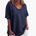 Navy Blue Women's Oversized V-Neck Short Sleeve Blouse with Curved Hem - Front Detail