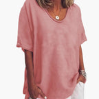 Pink Women's Oversized V-Neck Short Sleeve Blouse with Curved Hem - Front View