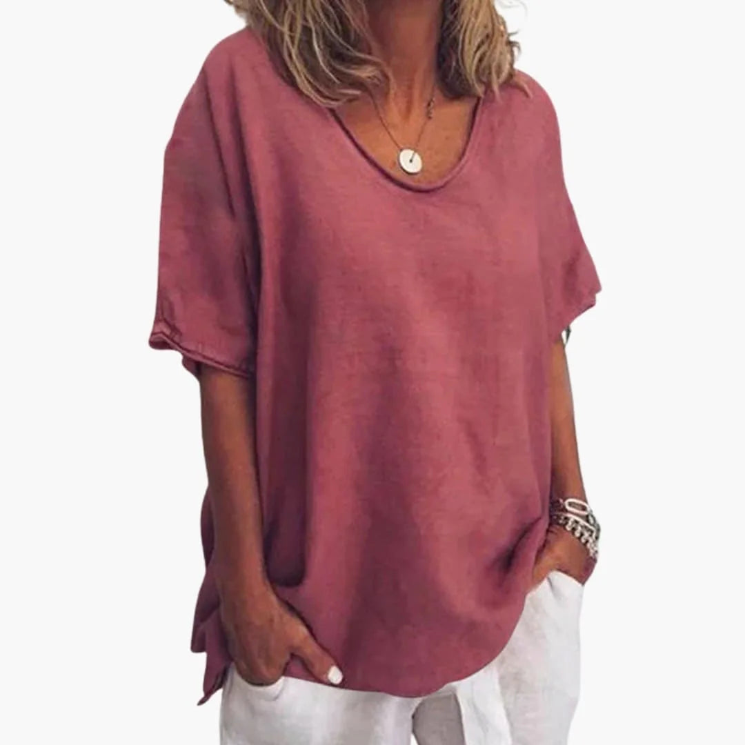 Red Women's Oversized V-Neck Short Sleeve Blouse with Curved Hem - Close Up Torso