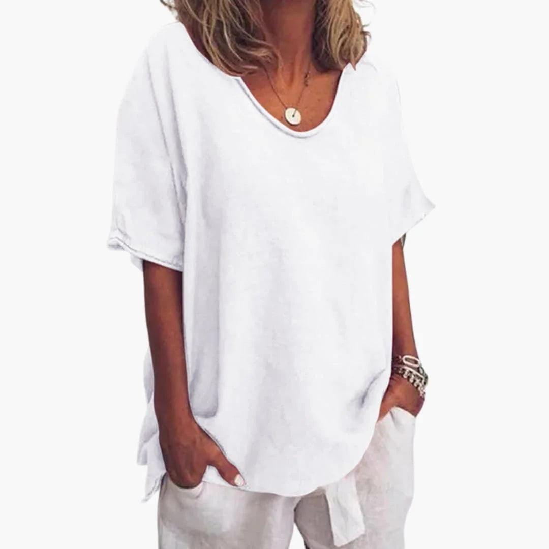 White Women's Oversized V-Neck Short Sleeve Blouse with Curved Hem
