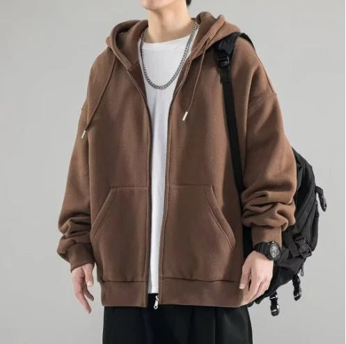Brown Men's Oversized Zip Hoodie with Double-Layer Hood & Kangaroo Pockets — Connor