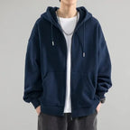 Dark Blue Men's Oversized Zip Hoodie with Double-Layer Hood & Kangaroo Pockets — Connor - Front Studio