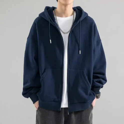 Dark Blue Men's Oversized Zip Hoodie with Double-Layer Hood & Kangaroo Pockets — Connor - Front Studio