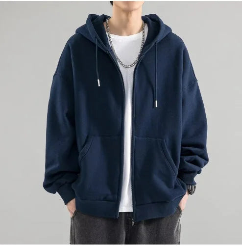 Dark Blue Men's Oversized Zip Hoodie with Double-Layer Hood & Kangaroo Pockets — Connor - Front Zoom
