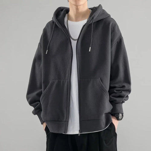 Dark Gray Men's Oversized Zip Hoodie with Double-Layer Hood & Kangaroo Pockets — Connor - Front Full