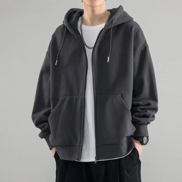 Dark Gray Men's Oversized Zip Hoodie with Double-Layer Hood & Kangaroo Pockets — Connor - Front Full