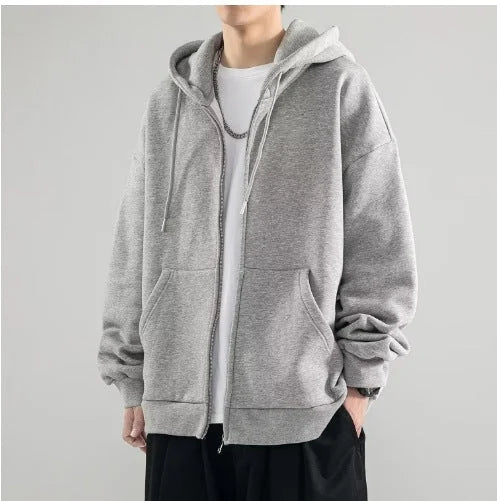 Light Gray Men's Oversized Zip Hoodie with Double-Layer Hood & Kangaroo Pockets — Connor - Front Angle