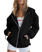 Black Women's Oversized Zip Hoodie with Kangaroo Pockets & Elastic Cuffs