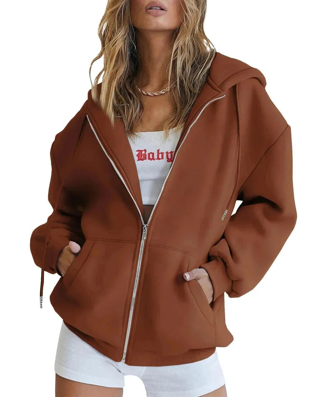 Coffee Brown Women's Oversized Zip Hoodie with Kangaroo Pockets & Elastic Cuffs