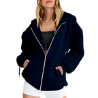 Dark Blue Women's Oversized Zip Hoodie with Kangaroo Pockets & Elastic Cuffs