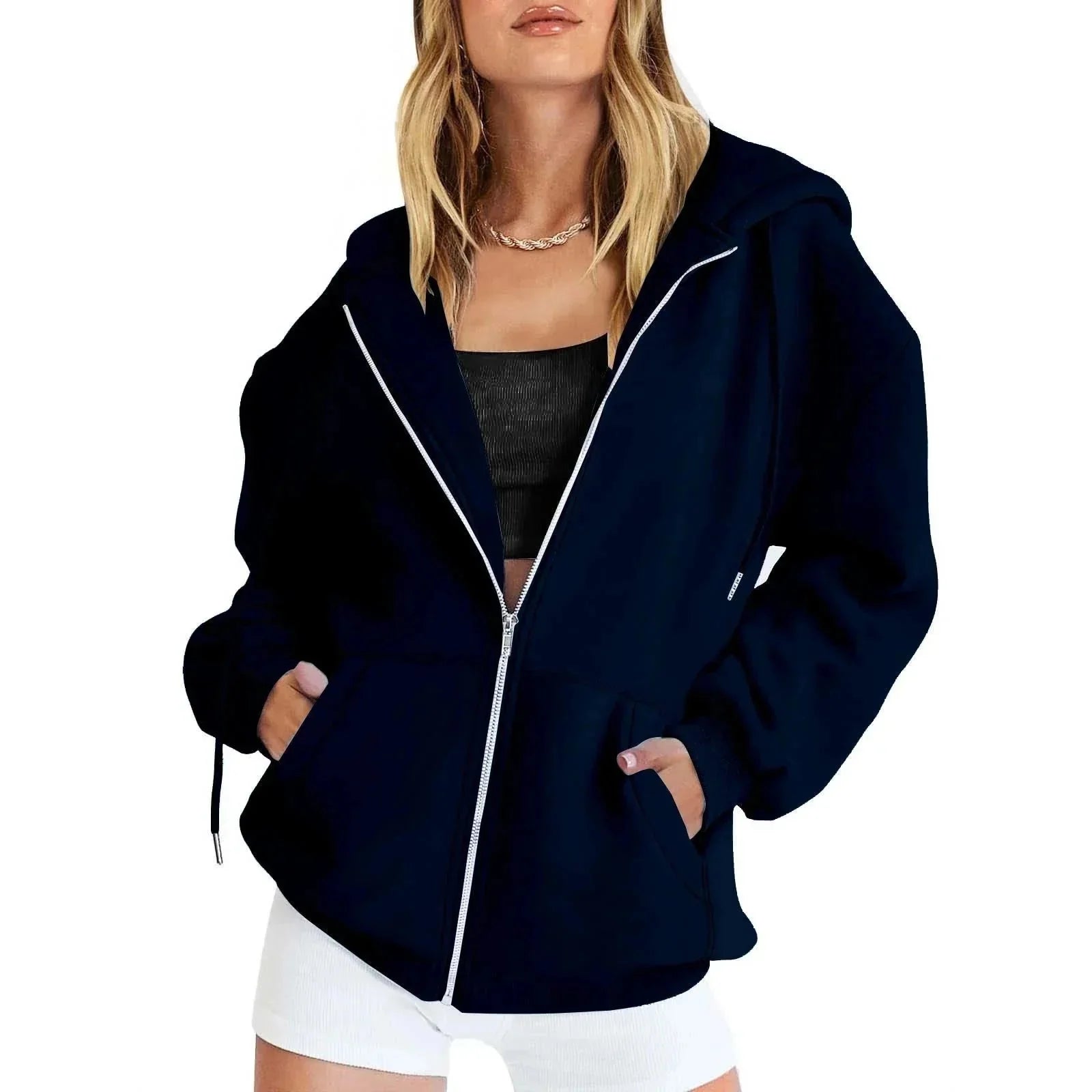 Dark Blue Women's Oversized Zip Hoodie with Kangaroo Pockets & Elastic Cuffs