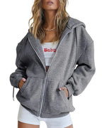Women's Oversized Zip Hoodie with Kangaroo Pockets & Elastic Cuffs - Front Hooded Close