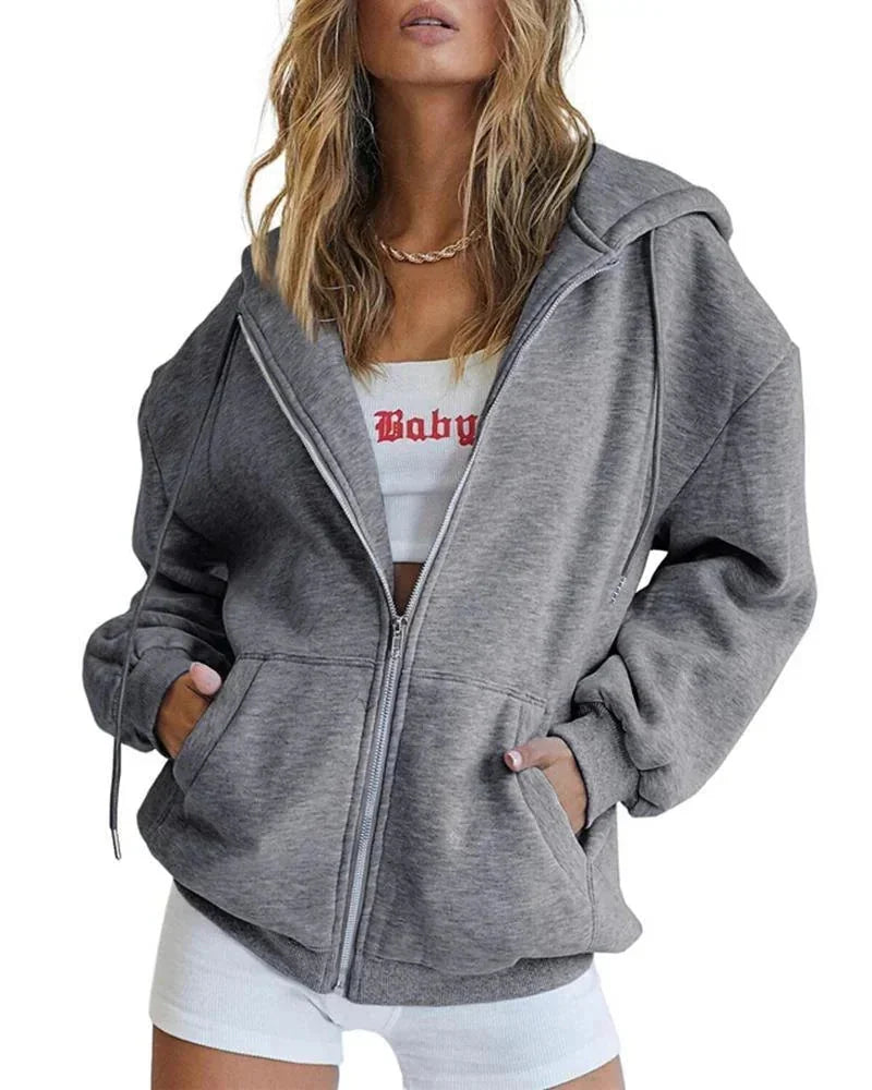 Women's Oversized Zip Hoodie with Kangaroo Pockets & Elastic Cuffs - Front Hooded Close