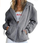 Dark Gray Women's Oversized Zip Hoodie with Kangaroo Pockets & Elastic Cuffs