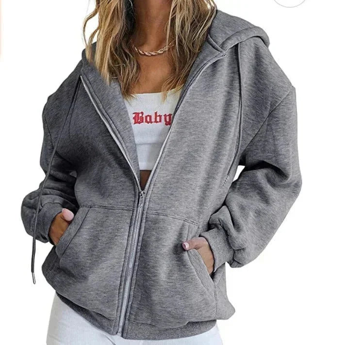 Dark Gray Women's Oversized Zip Hoodie with Kangaroo Pockets & Elastic Cuffs