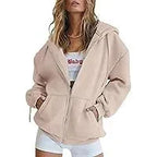 Khaki Women's Oversized Zip Hoodie with Kangaroo Pockets & Elastic Cuffs