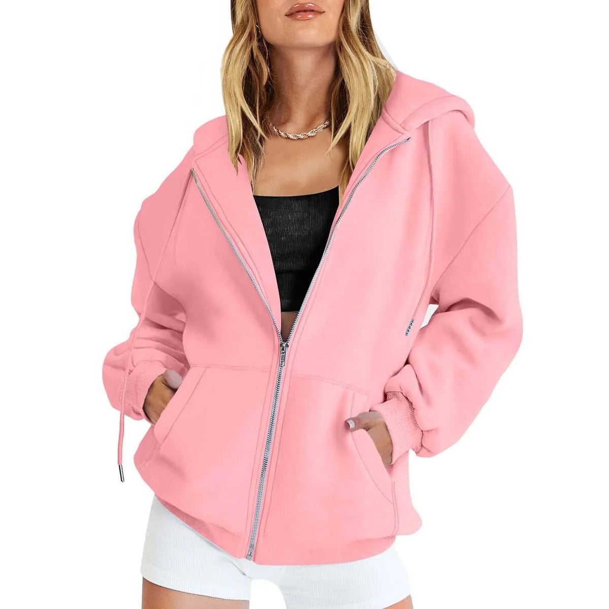 Pink Women's Oversized Zip Hoodie with Kangaroo Pockets & Elastic Cuffs